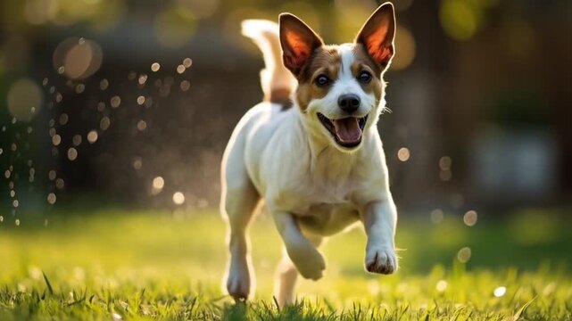 A happy jack russell terrier running through the grass with water droplets in the background animal video