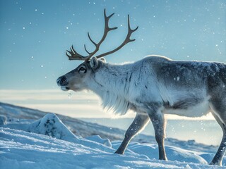 Majestic reindeer walks through snowy arctic landscape under a winter sky