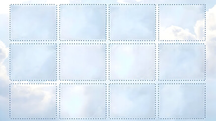Nine empty frames, dotted borders, soft pastel sky backdrop