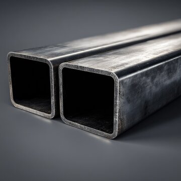 Close-up of two parallel, dark gray, square metal pipes
