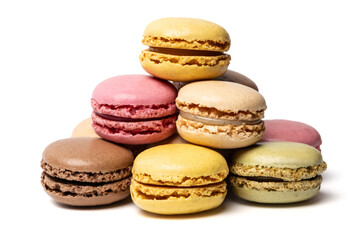 Small colorful tasty sweet original classic macaroons cakes isolated on white studio background