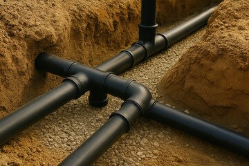 Professional underground plumbing installation with durable black pipes and precision fittings in a soil and gravel trench ideal for infrastructure projects, civil engineering, and utility contractors