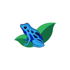 blue poison dart frog sitting on a wet leaf