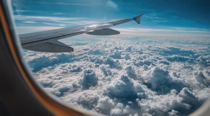 Airplane window view of a vast expanse of puffy clouds. Sunlight filters through the clouds. Airplane wing visible at the edge of the frame