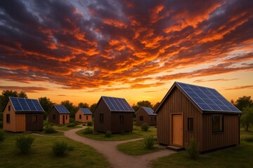 Fototapeta premium Cluster of small wooden solar panel houses under vibrant sunset sky in natural landscape, representing sustainable living concept