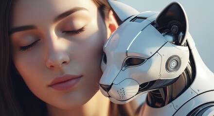 A young woman with her eyes closed gently embraces a futuristic white robotic cat showcasing a harmonious blend of technology and companionship in a serene moment