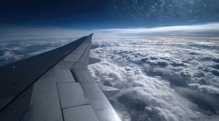Fototapeta premium High-altitude view of airplane wing and clouds