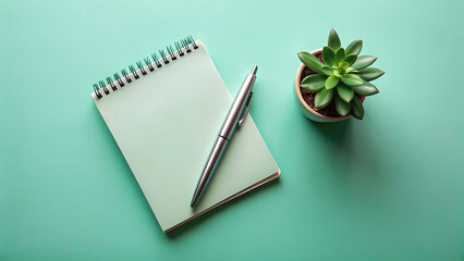 Pastel Green Notepad With Silver Stylus Placed On Mint Colored Desk