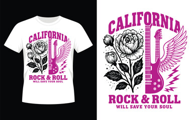 California rock and roll t shirt design with guitar and rose graphic