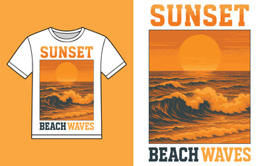Retro sunset beach waves t shirt design with vintage aesthetic