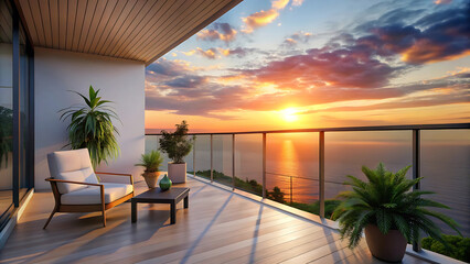 Peaceful Sunset View Seen From Modern Minimalist Outdoor Balcony