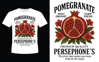 Stylish white t shirt featuring a ripe pomegranate and floral design