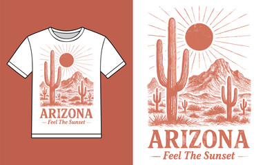 Arizona desert sunset t shirt design with saguaro cacti and mountains