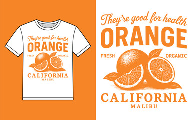 Vintage style orange california t shirt design with fresh fruit illustration