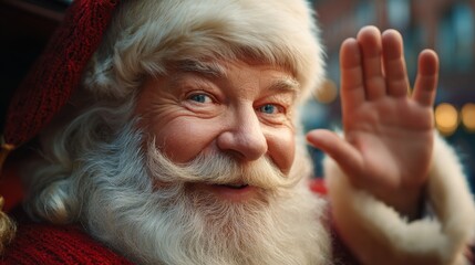 Heartwarming Santa Claus Portrait: A close-up portrait of a cheerful Santa Claus, with a jolly expression and welcoming gesture, perfect for evoking the festive spirit.