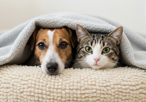 A cute dog and cat snuggled together under a cozy blanket