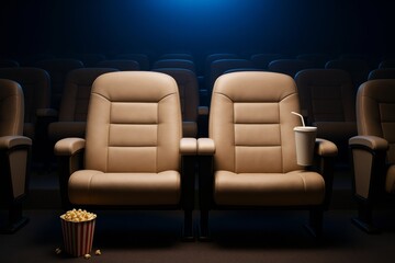 Two empty leather cinema seats with popcorn bucket and drink cup in a dark theater with dramatic lighting and blue-toned background.