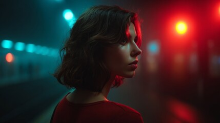 Waiting in the Metropolis: A solitary person in a red top awaits amidst the vibrant glow of city lights and the enveloping fog. A portrait of calm contemplation.