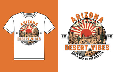 Arizona desert vibes t shirt design with vintage sunset and mountain landscape