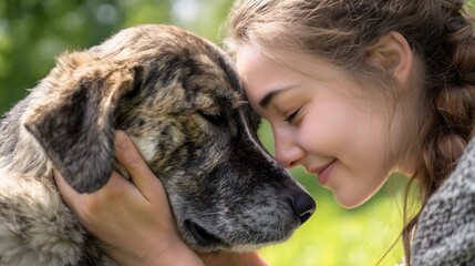 Young woman gently bonding with her large fluffy dog in nature, touching foreheads with love and trust, emotional pet companionship moment in outdoor setting, peaceful friendship scene


