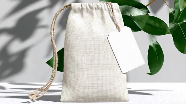 Eco-Friendly Gift Bag: A minimalistic drawstring bag, a blank label, and fresh green foliage come together to create a sophisticated scene, symbolizing sustainable gifts and natural aesthetics.