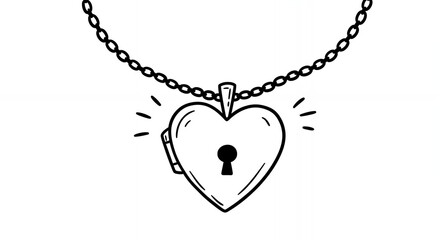 Heart Locket on Delicate Chain in Black and White Drawing with Keyhole and Radiating Lines Against a White Background
