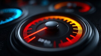 Revving Up the Pace: A close-up shot of a futuristic speedometer, glowing with dynamic lights, capturing the essence of speed and the thrill of progress.