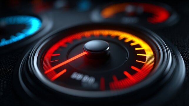 Revving Up the Pace: A close-up shot of a futuristic speedometer, glowing with dynamic lights, capturing the essence of speed and the thrill of progress.