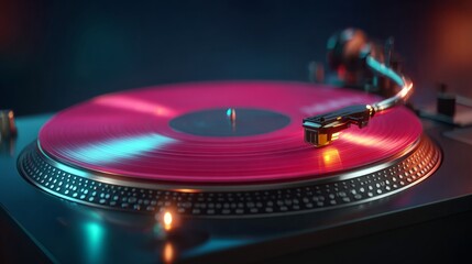 Vinyl Record Spin: A dynamic vinyl record spins on a turntable, its grooves catching the light, poised to deliver an auditory journey. Imbued with a retro charm and vibrant color palette.