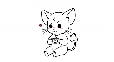 Obraz premium Line Art Illustration of a Cat Like Creature Holding a Cup on White Background with a Small Red Heart in Black and White