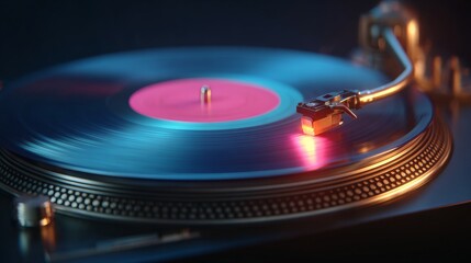 Turntable's Vinyl Symphony: Capturing the classic elegance of a record player, the vinyl disc spins gracefully, emitting a symphony of music. A nostalgic embrace of sound and style.