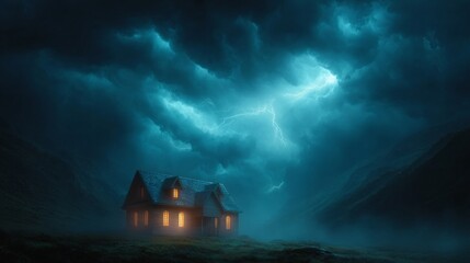 Fototapeta premium Spooky Storm: A solitary, illuminated house stands resilient amidst a tempestuous storm, its windows glowing warmly against the backdrop of a dramatic, ominous sky. 