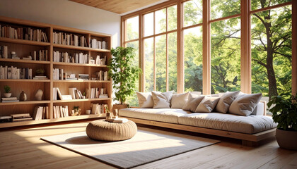 Cozy Reading Room: A bright and airy interior showcases a reading nook with a comfortable sofa and a bookshelf, enhanced by natural light streaming through large windows.