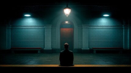 Alone in the Station: A solitary figure sits alone in an empty underground station, illuminated by eerie light, the scene evokes solitude, waiting, and the vastness of urban environments.