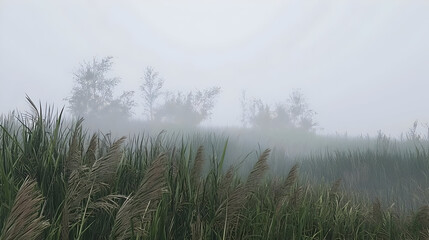 Misty field of tall grass, with trees on a hilltop.  Foggy landscape with tall grasses in the foreground