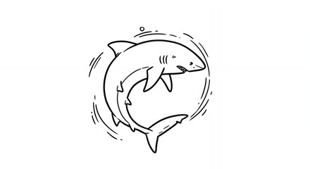 Minimalist Black and White Shark Circling in Water Line Art Illustration Against White Background