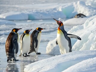 Naklejka premium A group of king penguins stand together on a snowy icy landscape in antarctica