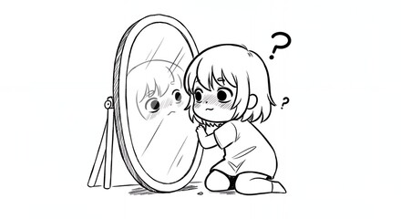 Monochrome Cartoon Illustration of a Puzzled Girl Kneeling Before a Mirror with Her Reflection in a Clean White Background