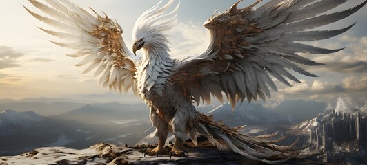 A haunted gothic white phoenix perched on a wind-swept hill art, generative ai