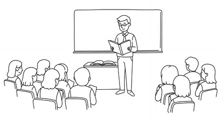 Monochrome Drawing of a Man Lecturing to an Audience in a Classroom with Whiteboard Podium and Rows of Chairs in Black and White Line Art Style