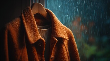 Cozy Coat in Rainy Weather: A warm, inviting coat hangs ready for a walk, framed by the soft, ethereal glow of the rain outside the window, creating a scene of cozy comfort and anticipation.