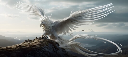 A haunted gothic white phoenix perched on a wind-swept hill art, generative ai