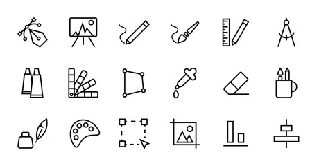Vector line icons set for design and art tools. Paint, brush, pencil, ruler, palette, color, dropper, ink, feather icons.