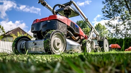 Obraz premium A lawnmower is a machine used to trim grass in lawns or gardens. It's used to keep grass neat and tidy.