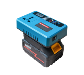 Portable power inverter with battery isolated on white background.
