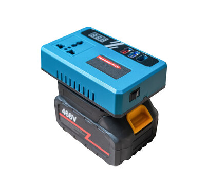 Portable power inverter with battery isolated on white background.