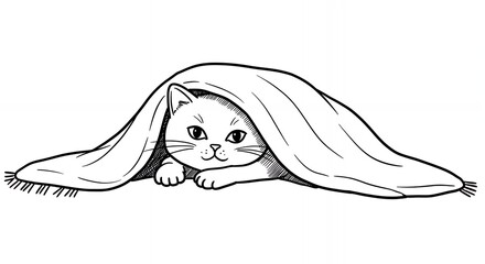 Monochrome Line Art of a Cat Hiding Under a Blanket in a Playful Cozy Scene Detailed Illustration of a Feline Peeking Out from Under Textile with Artistic Graphic Design