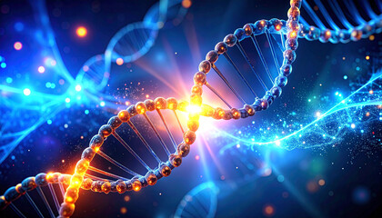 DNA Helix: A mesmerizing, digitally rendered illustration of a DNA helix, radiating with a vibrant combination of blue and orange, symbolizing the essence of genetic code.