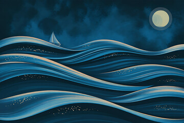 Serene moonlit sailboat on rolling ocean waves