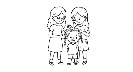 Fototapeta premium Monochrome Line Art of a Young Boy Between Two Smiling Women with One Touching His Hair Standing on a White Background Illustration